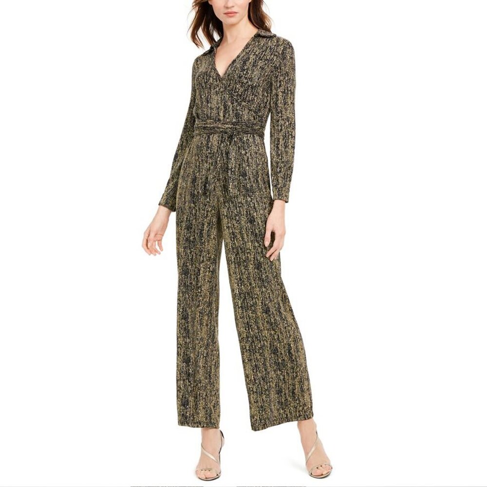Calvin Klein Glitter Jumpsuit, Black Gold Metallic Sparkly One Piece, sz 4